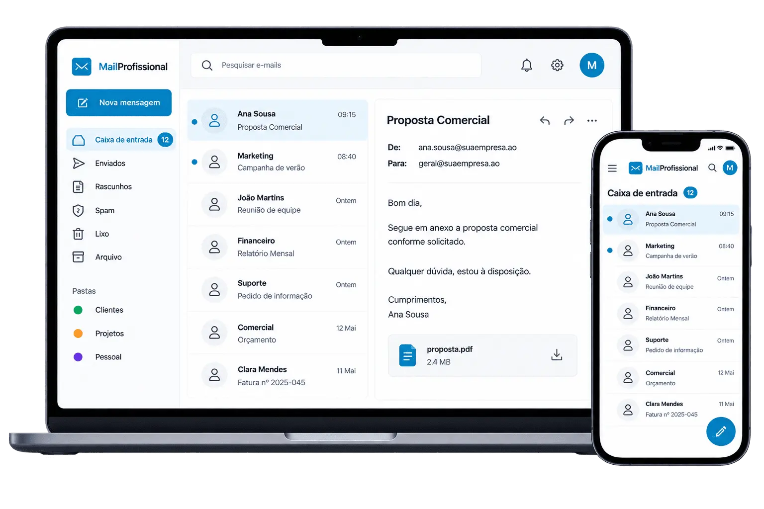 Mail Profissional — caixa de entrada em laptop e telemóvel